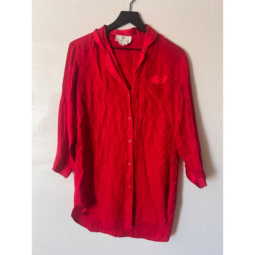 VTG 90s Nordstrom Silk Sleep Shirt Loungewear Red Jaquard Womens Size Medium